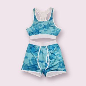 Women's Two Piece Blue Camouflage Silk Sports Pajama Set SMALL THROUGH XXL